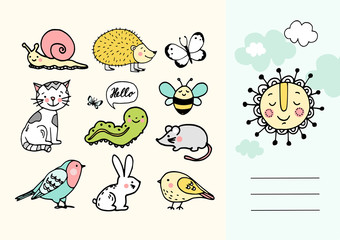 Set of garden animals, hand drawn vector illustration