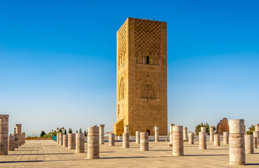 Hassan Tower near Mausoleum Mohammed V. in Rabat - Morocco - obrazy, fototapety, plakaty
