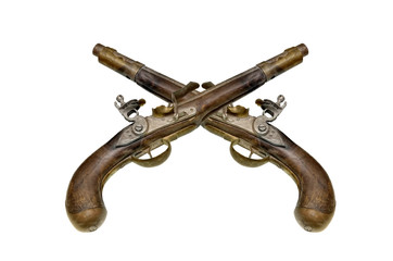 Two antique silicic pistols isolated on white background.