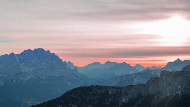 Unusual Colors of Dawn over the Mountains. Time Lapse