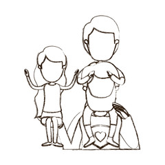 blurred thin contour caricature faceless half body super dad hero with girl on his hand and boy on his back vector illustration