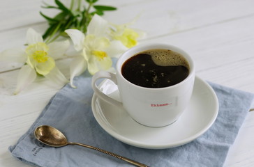 coffee  on blue linen background
