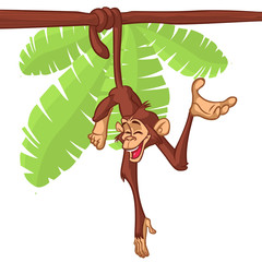 Fototapeta premium Cute Monkey Chimpanzee Hanging On Wood Branch Flat Bright Color Simplified Vector Illustration In Fun Cartoon Style Design