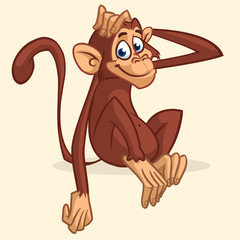 Obraz premium Kreskówka małpa siedzi. Ilustracja wektorowa szympansa, rozciągając głowę. Ilustracja książkowa dla dzieci lub naklejka