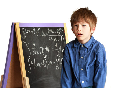 Little geek near the board explaining how to solve integral rational functions, isolated on white background