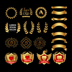 Vector medieval golden shields laurel wreaths ribbons and badges collection. Isolated vector illustration.