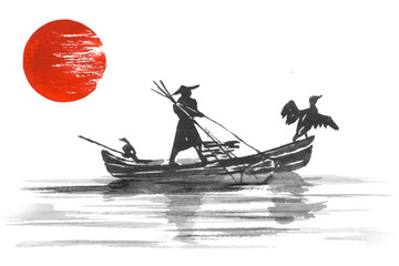 Japan Traditional japanese painting Sumi-e art Japan Traditional japanese painting Sumi-e art Man with boat