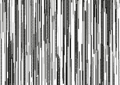 Abstract background with glitched vertical stripes, stream line binary code background with two binary digits 0 and 1.
