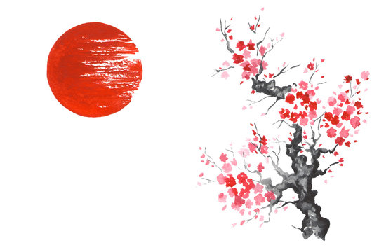 Japan Traditional Japanese Painting Sumi-e Art Sakura Sun