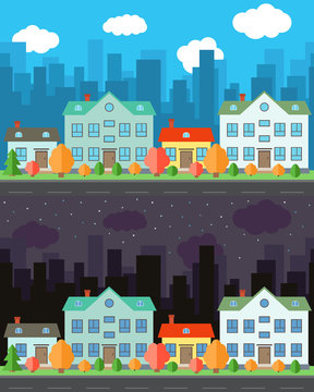 Vector city with  four cartoon houses and buildings in the day and night.Summer urban landscape. Street view with cityscape on a background
