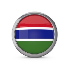 The Gambia national flag in a glossy circle shape with chrome frame. 3D Rendering