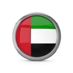 UAE national flag in a glossy circle shape with chrome frame. 3D Rendering