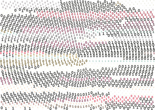 Stream line binary code black and white background with two binary digits, 0 and 1 isolated on a white background.