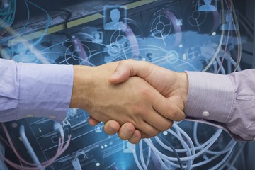 Handshake against digital animation background 