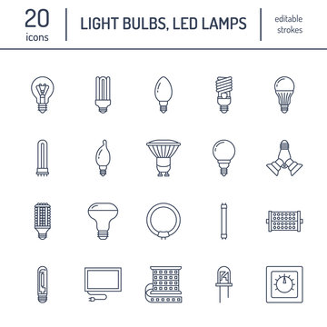 Light bulbs flat line icons. Led lamps types, fluorescent, filament, halogen, diode and other illumination. Thin linear signs for idea concept, electric shop.