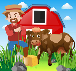 Farmer and cow in farmyard