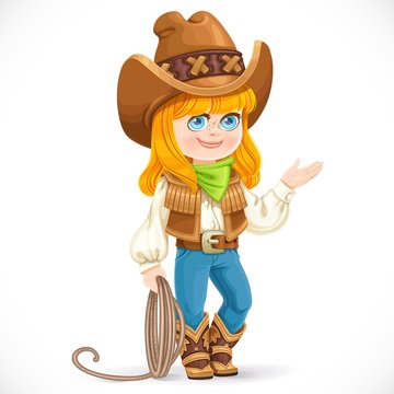 Cute girl in cowboy suit is holding a lasso isolated on white background