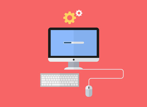 Flat design vector computer with installation process bar and settings icon isolated on red background