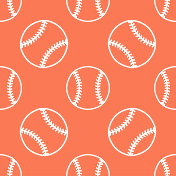 Baseball, softball sport game vector seamless pattern, orange background with line icons of balls. Linear signs for championship, equipment store.