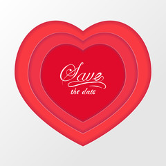 Red volumetric paper cut heart for Valentines day card, wedding invitation background with shadow. 3D effect