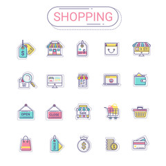 Shopping and commerce icons set. Flat line icon style colorful and relax color create by vector modern design. The set can be used for shopping banner, info graphics, coupon, and promotion.