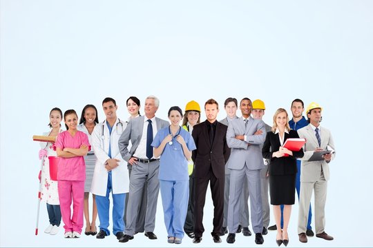 Worker from different professions against blue background