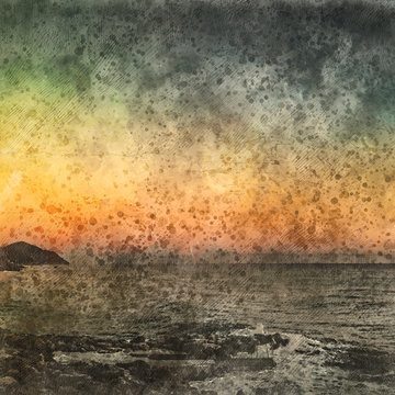 Italian landscape. Sea and gold sky. Watercolor. Oil painting style.