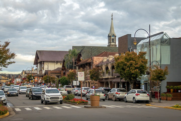 Street and architecture of Gramado city with Saint Peter Church Tower - Gramado, Rio Grande do Sul, Brazil