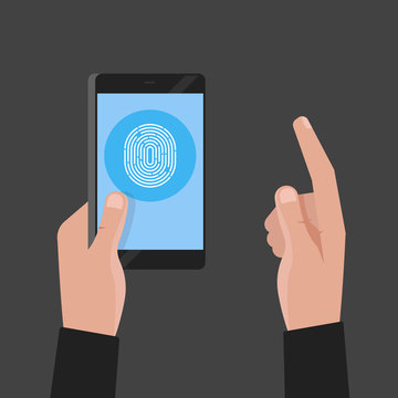 Hand holding phone. Fingerprint pass concept vector illustration