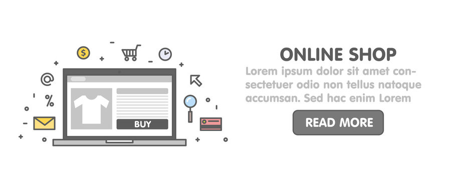 Online shop concept line illustration. Laptop with web page screen and linear icon vector web banner