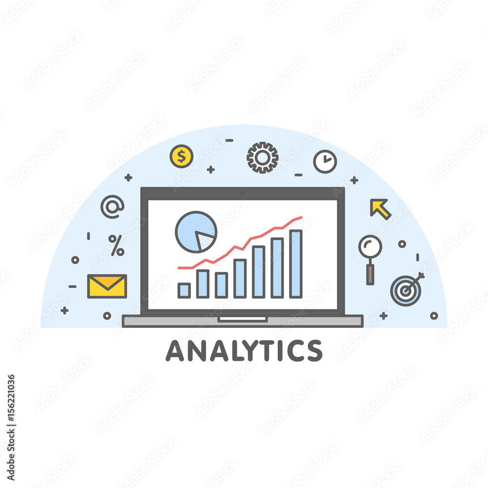 Poster online analytics concept line illustration. laptop with web page graphic diagram screen and linear i
