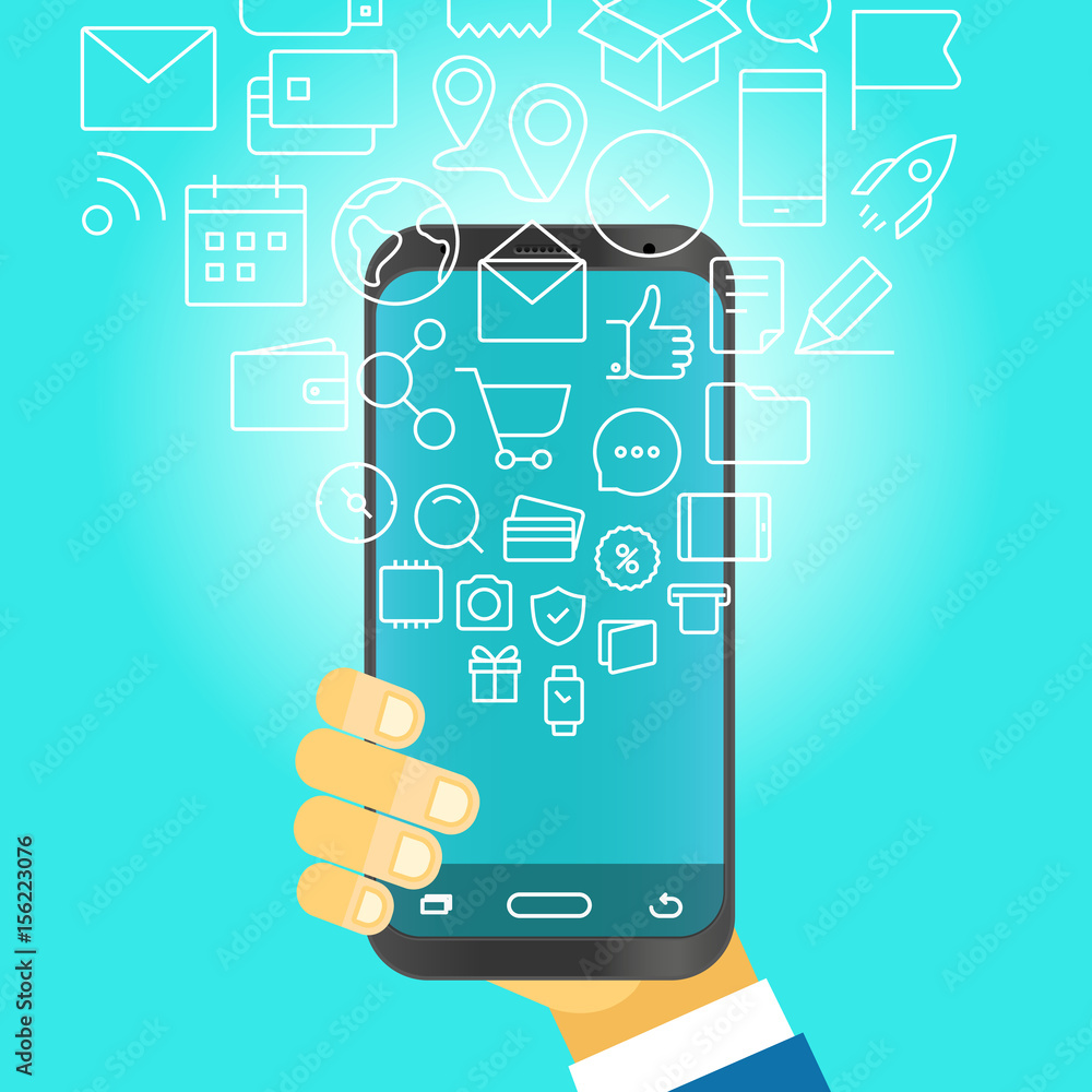 Poster man holding modern smartphone with falling icons