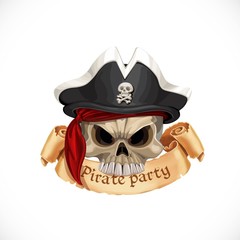 Emblem for pirate party with a skull wearing a hat and parchment