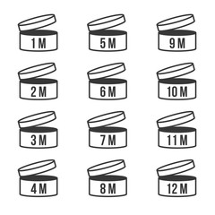 Expiration date After opened product 1-12 months, shelf life sign icon for label of cosmetic