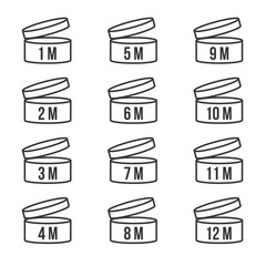 Expiration date After opened product 1-12 months, shelf life sign icon for label of cosmetic, outline design
