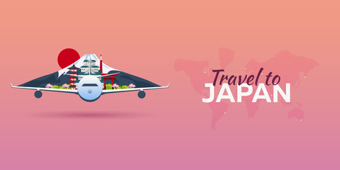 Travel to Japan. Airplane with Attractions. Travel vector banners. Flat style.