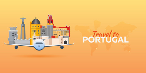 Fototapeta na wymiar Travel to Portugal. Airplane with Attractions. Travel vector banners. Flat style.