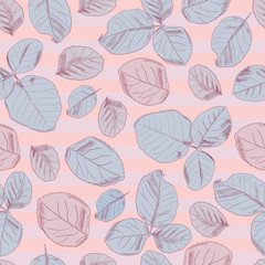 The pattern of leaves with the outline on striped background.  Vector illustration.