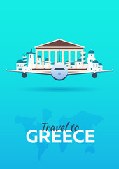 Travel to Greece. Airplane with Attractions. Travel vector banners. Flat style.