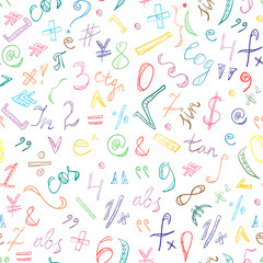 Fototapeta na wymiar Seamless Pattern of Colorful Hand Drawn Doodle Symbols and Numbers. Scribble Mathematics Signs. Vector Illustration.