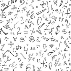 Seamless Pattern of Hand Drawn Doodle Symbols and Numbers. Scribble Mathematics Signs. Vector Illustration.