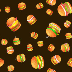 Seamless pattern tasty burger grilled beef and fresh vegetables dressed with sauce bun for snack, american hamburger fast food meal menu barbecue meat vecor illustration background