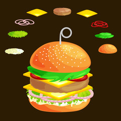 Set of burger grilled beef vegetables dressed with sauce bun snack, hamburger fast food meal menu barbecue meat with detailed individual flying slices menu ingredients vecor illustration background