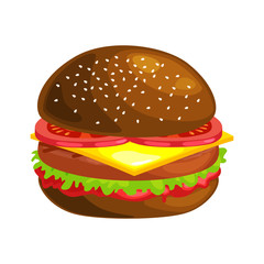 tasty burger grilled beef and fresh vegetables dressed with sauce in bun for snack or lunch, hamburger classical american fast food meal usual menu could be barbecue meat bread tomato cheese on white