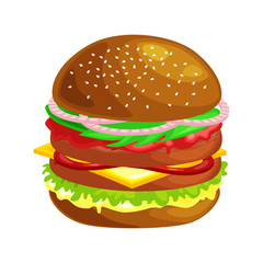 tasty burger grilled beef and fresh vegetables dressed with sauce in bun for snack or lunch, hamburger classical american fast food meal usual menu could be barbecue meat bread tomato cheese on white