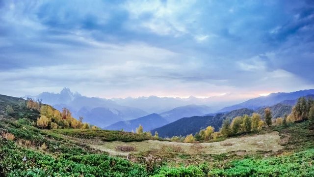 Beginning of the day on mountain. Sunrise in hidden Caucasian place. 2K Timelapse of Ushba mountain, Georgia, Europe. Caucasus. Virgin nature where no man feet was.