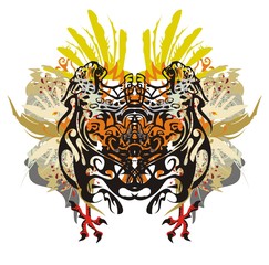 Fototapeta premium Colorful tropical motives. Grunge abstract butterfly formed by jaguars with eagle wings and cock legs with blood drops and color splashes