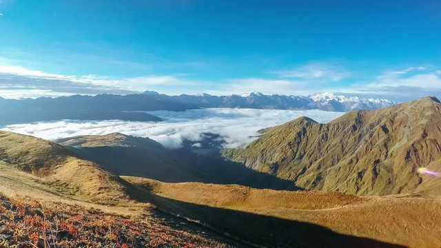 Global warming effect. Evaporating water fills in environment. 2K Timelapse of Mheer mountain. Upper Svaneti, Mestia near Ushba pass. Georgia, Europe.