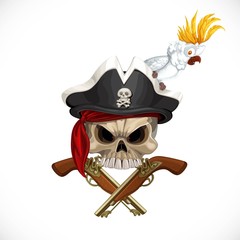 Jolly Roger in pirat hat with white parrot and with pistols isolated on a white background