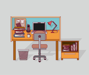 colorful background home office interior with filing cabinet with books vector illustration